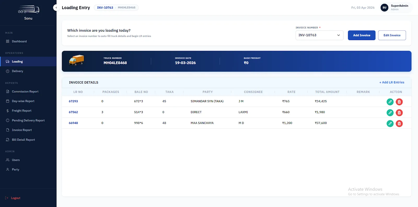 Sonu Roadlines Admin Portal screen 2