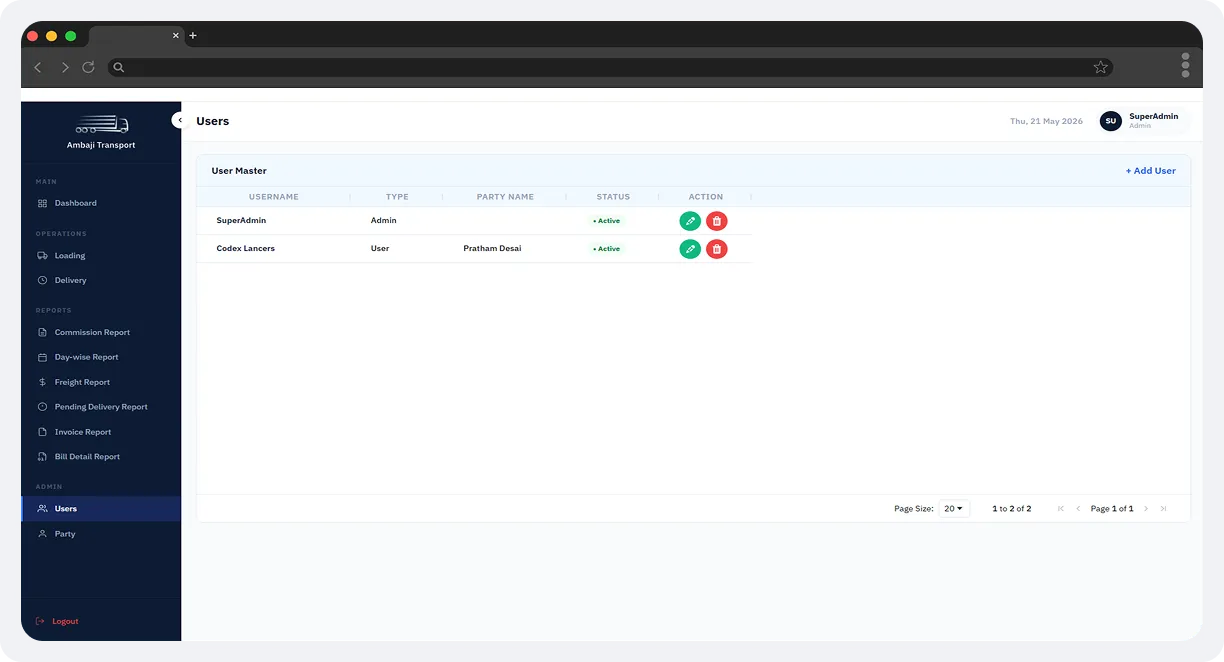 Ambaji Transport Admin Portal screen 11