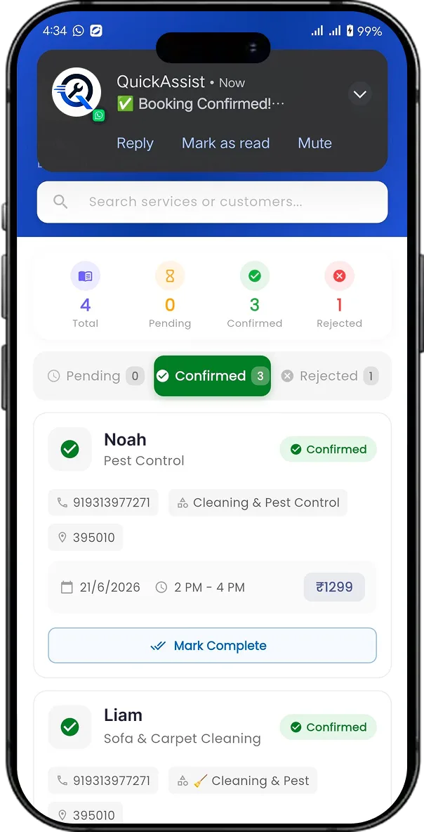 QuickAssist – WhatsApp Service Booking System screen 1